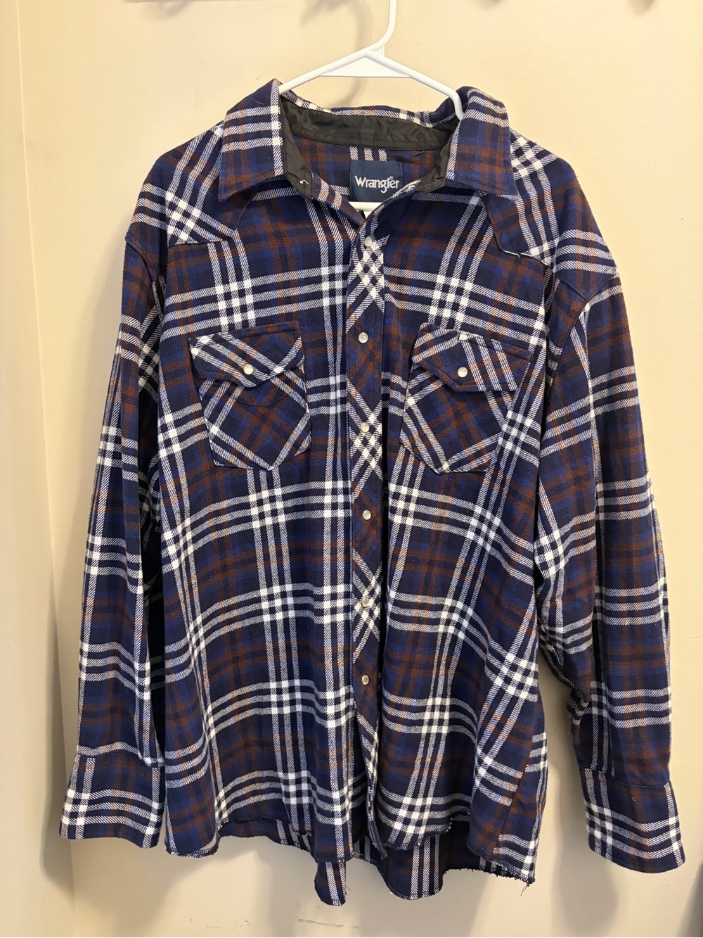 Wrangler Shirt Mens 2XL Blue Brown Plaid Flannel Long Sleeve Western Pockets